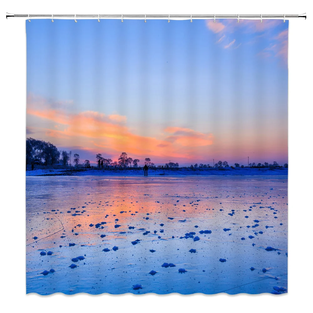 Landscape Shower Curtains Winter Dusk Field Natural Beauty Sky Color Cloud Bathroom Decor Waterproof Cloth Curtain Set