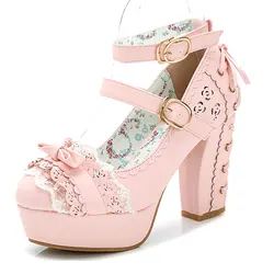 lolita shoes tea party shoes sweet Japanese high-heeled platform lace bow Bowknot Princess Kawaii Girl Women Shoes Vintage Sweet