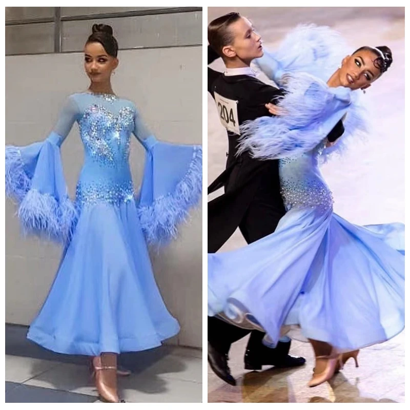 GOODANPAR New Standard Ballroom Dance Dress Women Girls Competition Costume  Lycra Waltz Stage blue long sleeveostrich feather