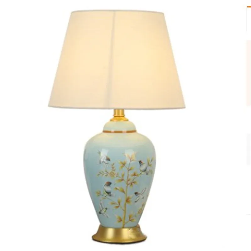 

Blue Flowers Birds Chinese Style Ceramic Table Lamp For BedRoom Bedside Living Room Foyer Study Desk Reading Night Light 190125