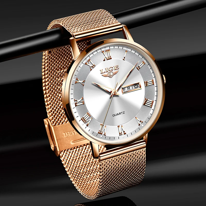 LIGE Brand Women Watches Ultra-thin Luxury Quartz Watch Fashion Ladies Clock Stainless Steel Waterproof Calendar Week Wristwatch