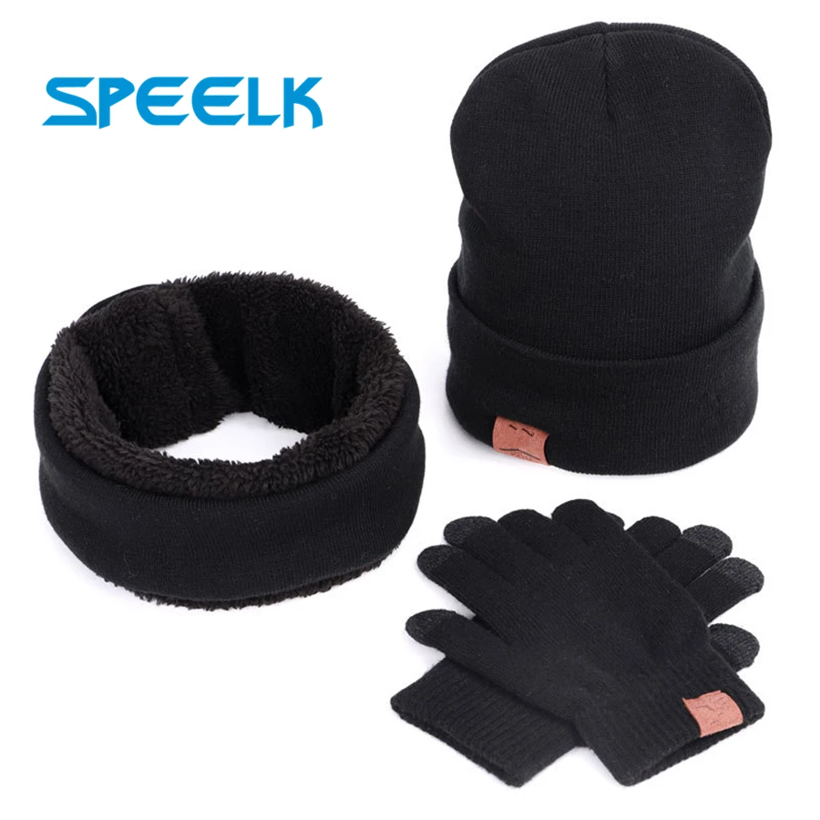 

New Winter Knitted Hat Men Women Warm Skullies Beanies Hats With Bib Touch Screen Gloves Men Bonnet Beanie Cap Riding Sets of 3