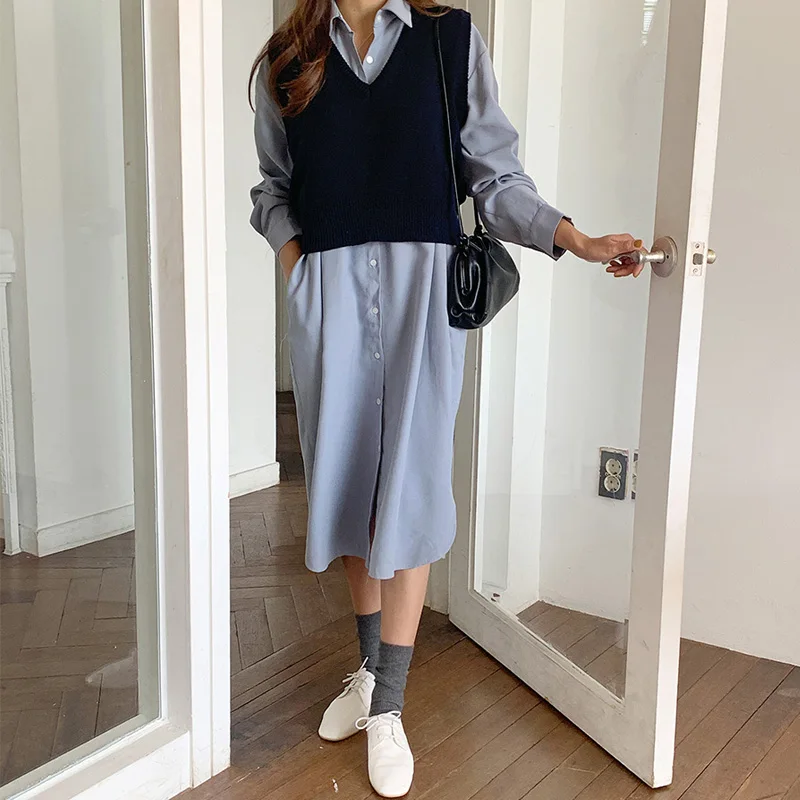 New Spring 2 Piece Suit Sleeveless Sweater Vest Women Dresses Female Girls Dress Shirt Suits Robe Femme Vestido Sell Separately