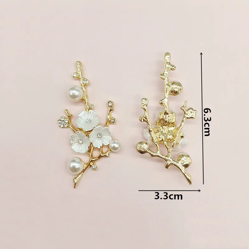 2 Pcs/Lot Alloy Creative Gold Pearls Pendant Buttons Plum Blossom Branch Tree Pole Flower Diamond Jewelry Diy Hair Accessories