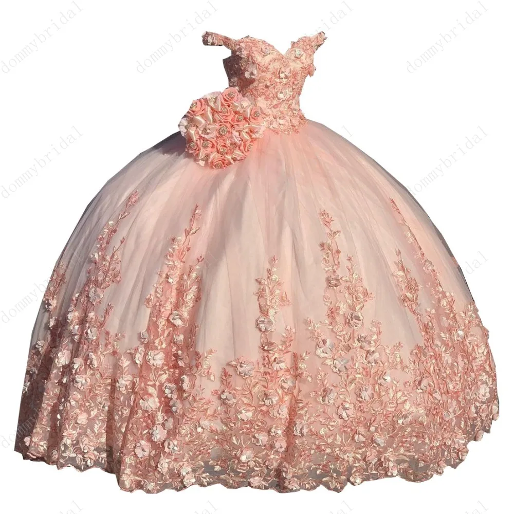 Vestido de baile romántico Coral con flores florales en 3D, Charras para quinceañera, niña de 15 años con gorro, Vestido de manga corta de Ciderella