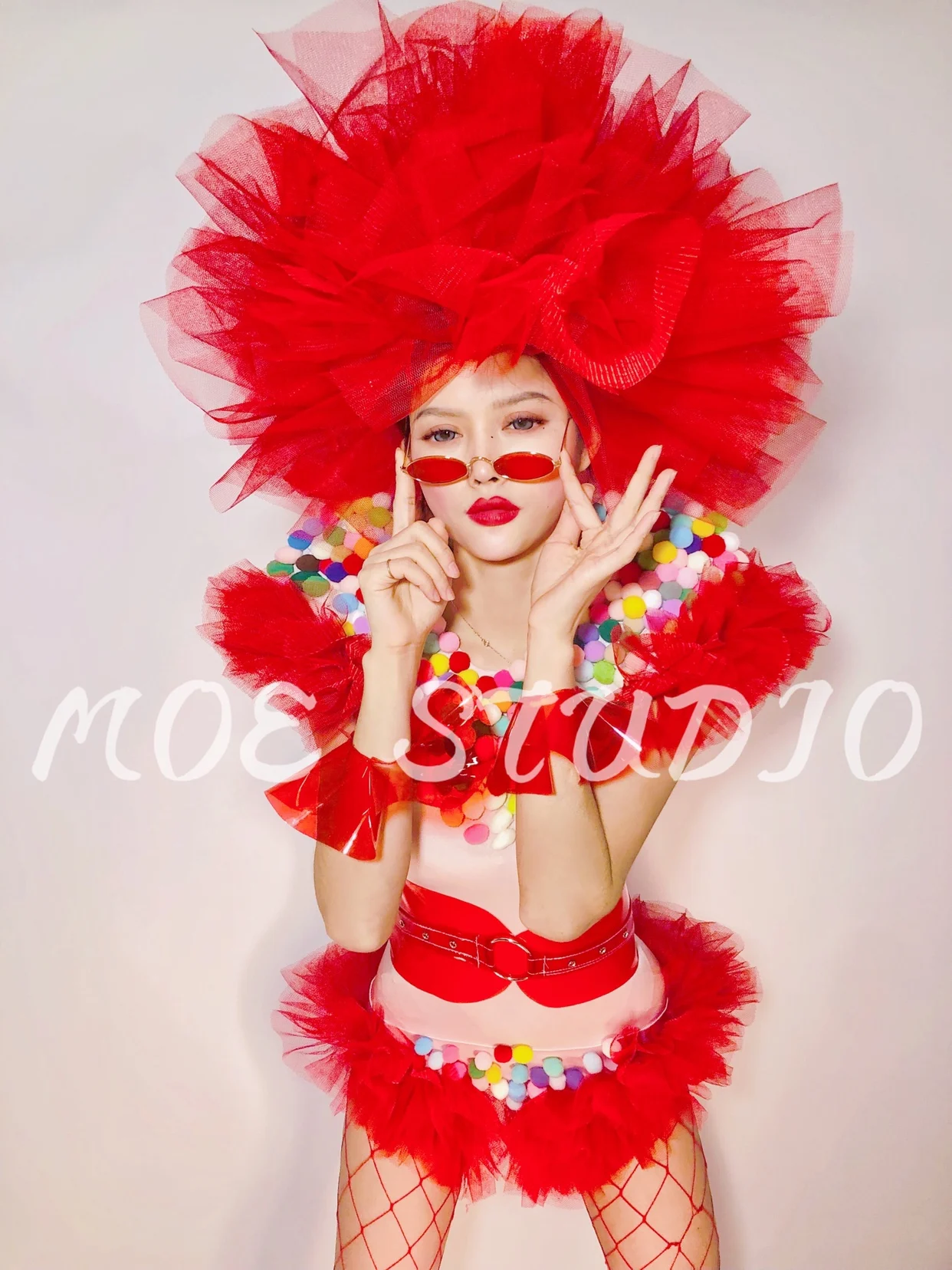 red party girl dance Holiday gogo costume bar sexy fur ball one-piece explosive headgear nightclub suit