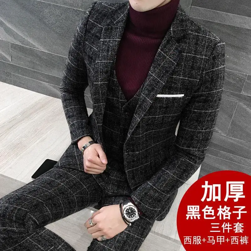 

3 Piece Suits Men British Latest Coat Pant Designs Royal Suit Autumn Winter Thick Slim Fit Plaid Wedding Dress Tuxedos Mens Suit