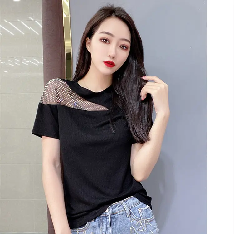 Blouse Women\'s off-Shoulder Diamond Short-Sleeved Shirts European Goods Slim Fit Oblique Shoulder Tops Blusas Ropa De Mujer