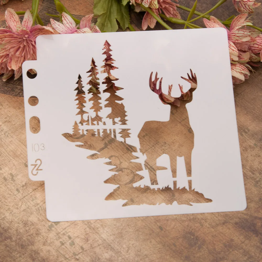 14x13cm Christmas Forest Deer DIY Layering Stencils Painting Scrapbook Coloring Embossing Album Decorative Template