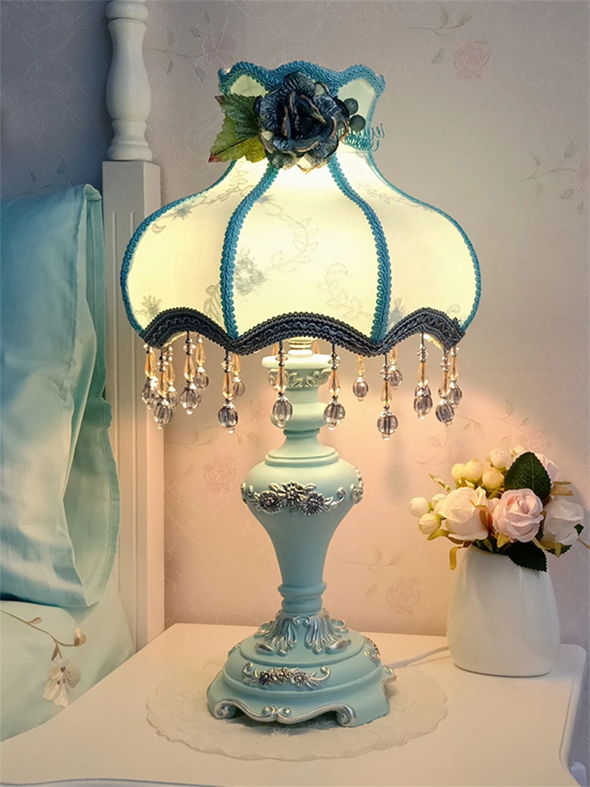 Blue fabric vase table lamps European style bedroom bedside lamp princess French luxury tabletop decor table lights fixtures