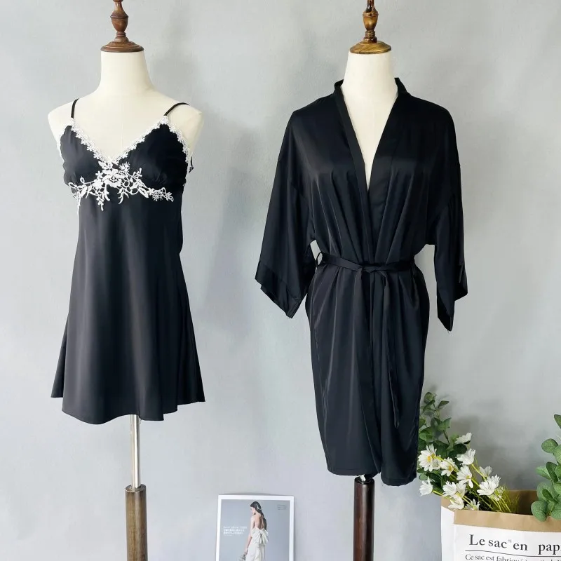 Women 2PCS Kimono Robe Set Sexy Lace Nightgown Satin Sleepwear Casual Bathrobe Gown Intimate Lingerie Black Nightwear Sleepwear