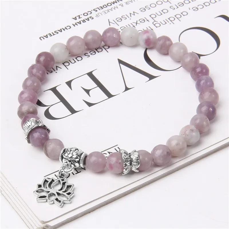 6mm Malachite Stone Bracelet Natural Stone Lilac Beads Bracelet Silver Color Lotus Charm Pendant Bracelet Women Men Jewelry Gift