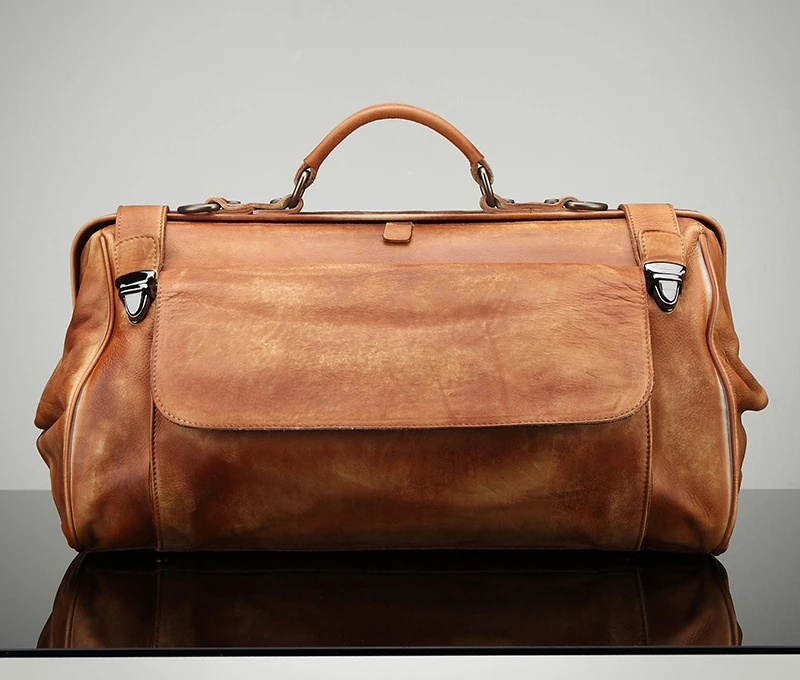 High Class Vintage Genuine Leather Luggage Bag Carry On Duffel Travel Bag Leather Men Weekender Tote Designer Shoulder Bag male