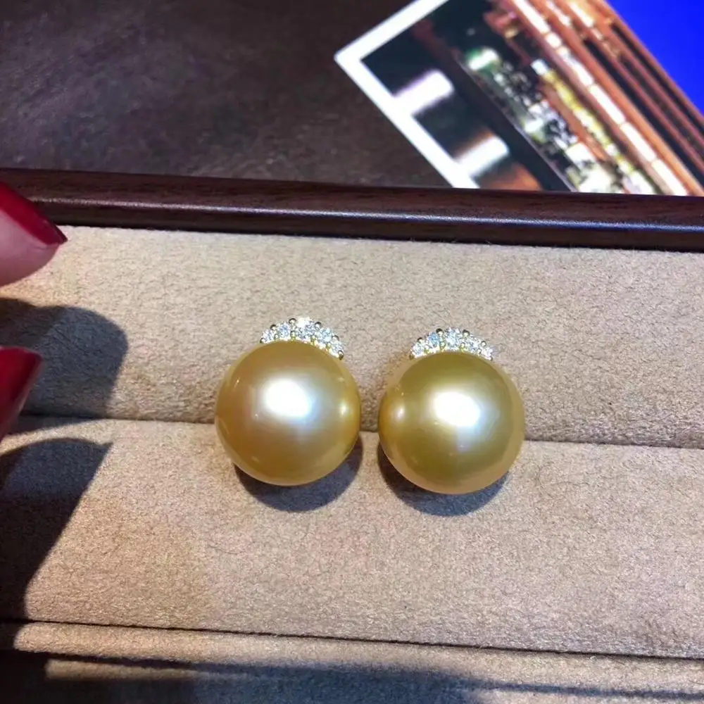 Fine Jewelry Pure 18 K Yellow Gold Natural Golden Ocean 10-9mm Round Pearl Earrings for Women Fine Pearl Earrings