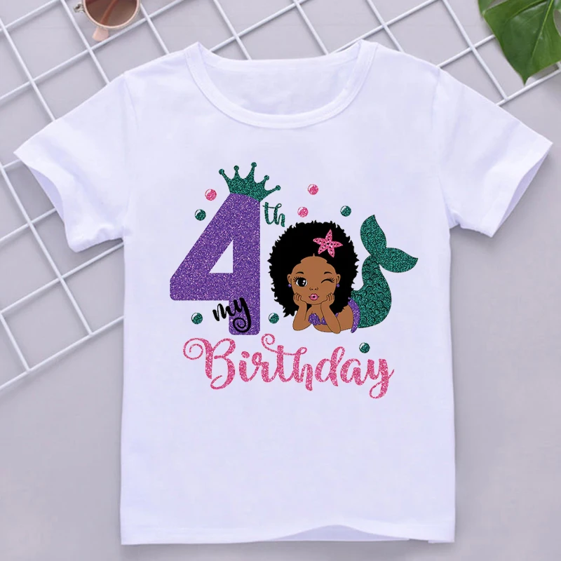 Kawaii Mermaid Black Girls Numbers My 2-9th Birthday T Shirt Kids Clothes Girl T-Shirt Harajuku Short Sleeve T-Shirts Tees Top