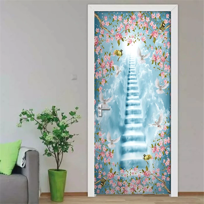 PVC Waterproof Self-adhesive 3D Door Sticker Cloud Ladder Flowers And Birds Wallpaper Living Room Door Decor Wall Sticker Decal