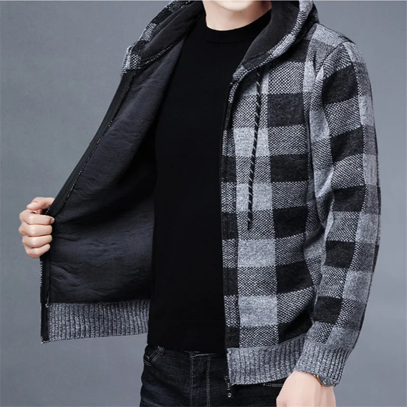 New Autumn Winter Men\'s Sweater Coat Thick Warm Hooded Plaid Wool Sweater Cardigan Jumpers Zipper Fleece Sweater Coat for Men