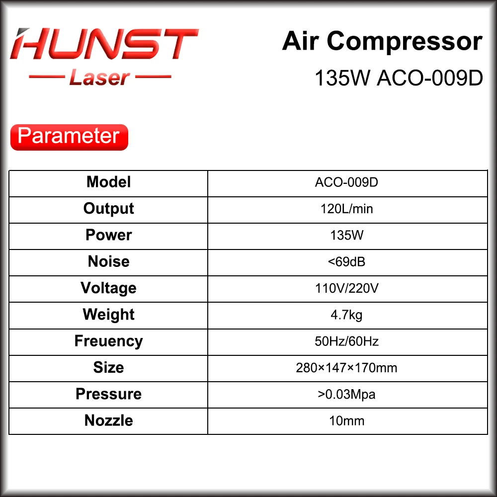 Imagem -06 - Hunst-compressor de ar Elétrico Bomba Magnética 110v 220v Aco009d para Gravação a Laser Co2 Máquina de Corte 135w