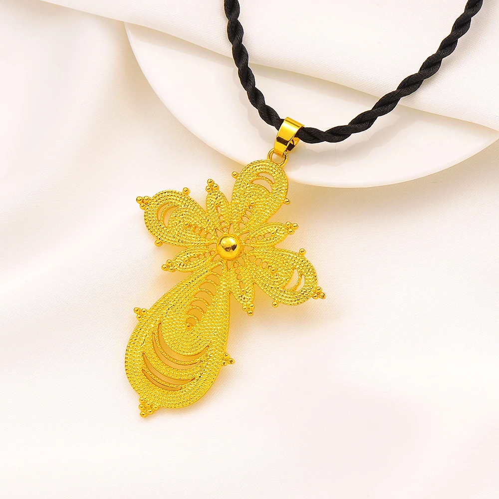 Exaggerate Ethiopian Gold Color Cross Pendant Necklace For Women Elegant Vintage Arab Africa Jewelry Wedding Gifts