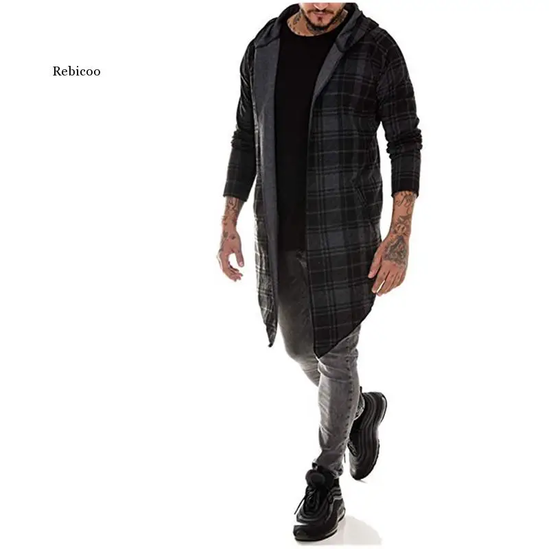 Long Coat Men Gothic Trench Coat Men Cardigan Slim Long Cloak Sweater Hooded Knitted Plaid Fashion Jacket Autumn Steampunk