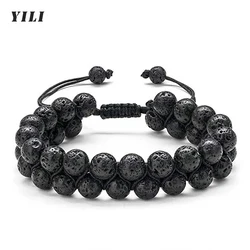 Mens Beads Bracelet 8mm Lava Rock Stone Bracelet Essential Oil Bracelets Adjustable Natural Stone Braided Rope Jewelry