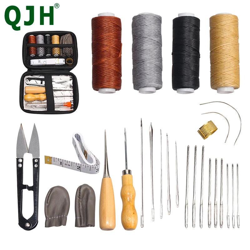 Kit de costura portátil, 4 carretéis de linha encerada, agulhas tesoura dedal fita medida para diy, adulto, crianças, acessórios domésticos