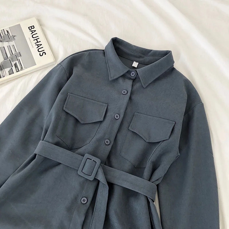 Corduroy Long Sleeve Dress Women Solid Buttons Pockets Turn-down Collar Simple Elegant Sashes All-match Womens Vintage Harajuku