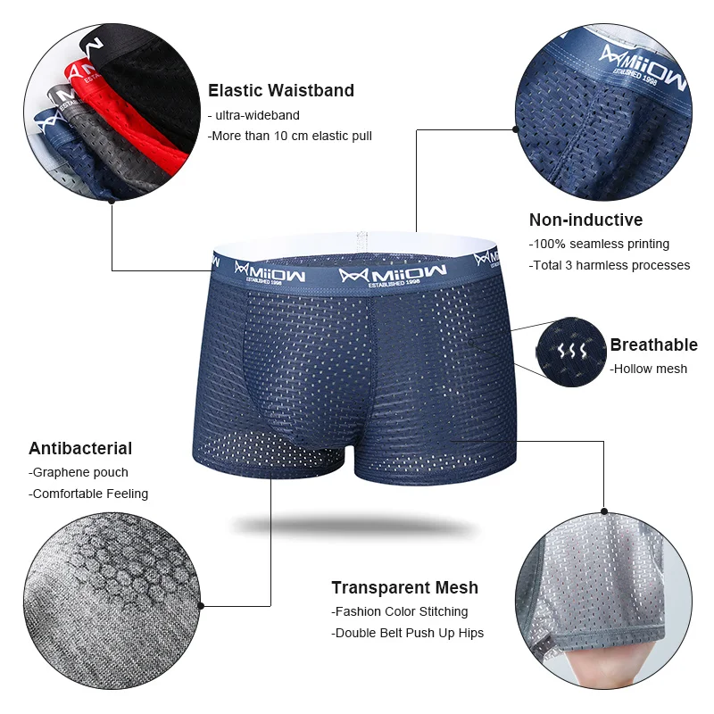 MiiOW 3Pcs Mesh Boxer Men Underwear Antibacterial Male Panties Ice Silk Underpants Breathable Boxershort Sexy Lingerie 2022