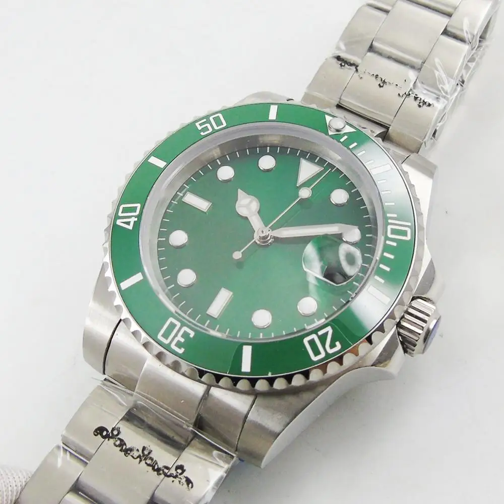 NH35 PT5000 Light Green Mechancial Men Watch Oyster Bracelet SUNBURST Dial Ceramic Bezle Insert Date Solid Back Sapphire Glass