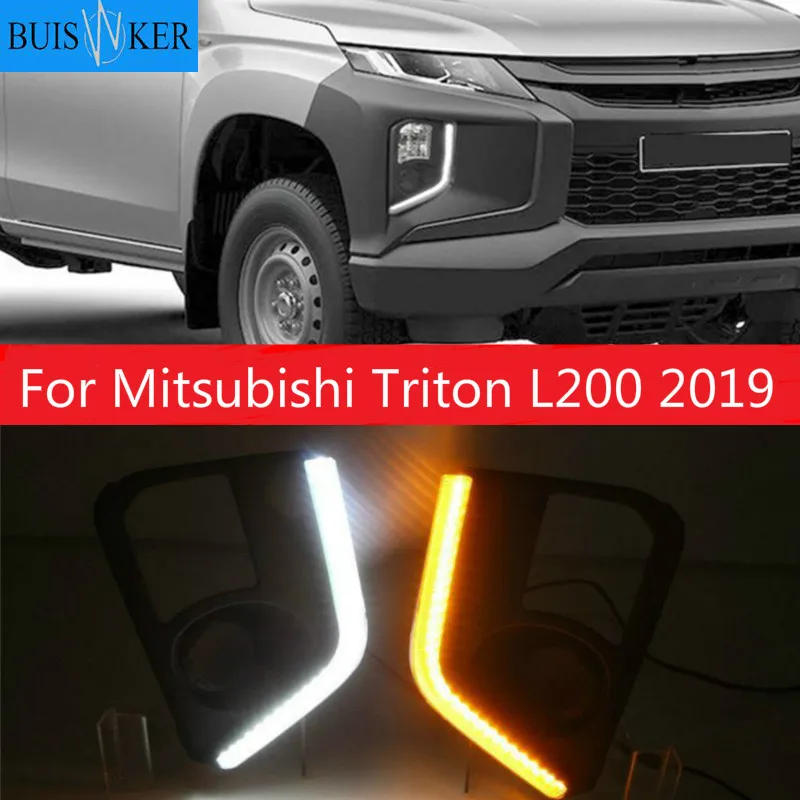 

Daytime Running Lights For Mitsubishi Triton L200 2019 LED DRL driving Fog Lamp Cover with Yellow Turn Signal Lamp style relay