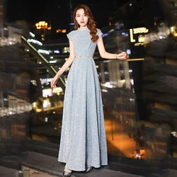 It's Yiiya Customized Evening Dress Blue Sequins Plus Size O-neck Sleeveless Robe De Soiree Floor Length Woman Party Formal Gown