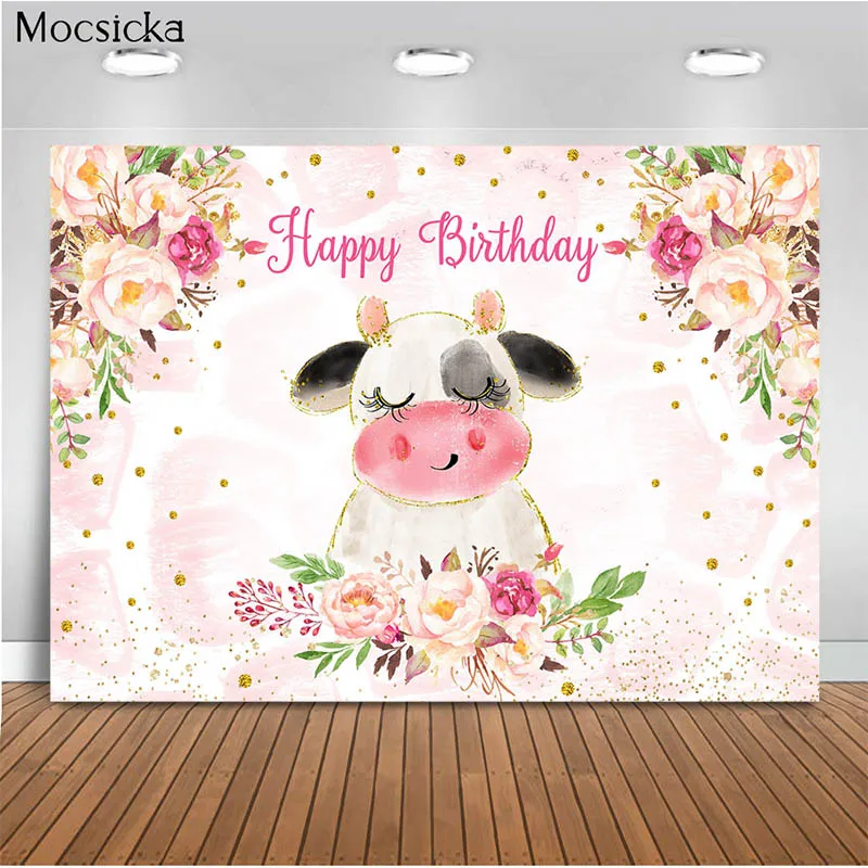 Mocsicka Birthday Party Photography Background Little Cow Pink Flower Decoration Props Newborn Baby Shower Photo Backdrop Studio