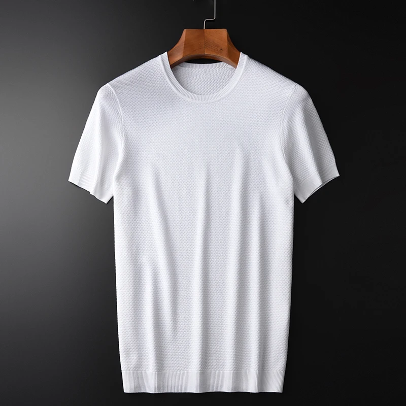 

Summer Mens Plus Size 4xl Luxury 3d Jacquard Fabric Round Collar Men White Slim Fit Knitt T-shirts Man