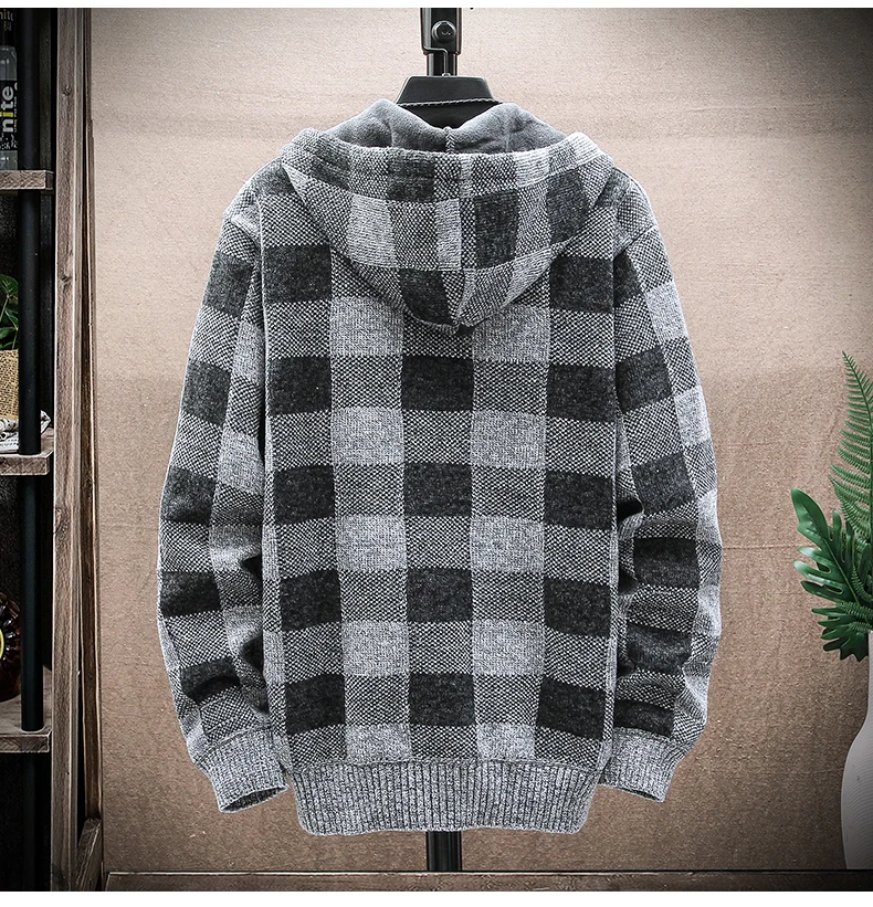 Männer Neue Winter Plaid Pullover Mit Kapuze Strickjacke Kalten Mantel Wolle Zipper Jacke Herbst Fleece Warme Kleidung Karierten Stricken Jumper – Detail 6
