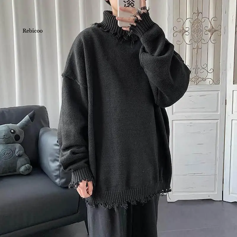 Sweaters For Men And Women, Ripped Edges, Irregular Frayed Sweaters, Couples Trend, Loose Half High Collar Autumn And Winter