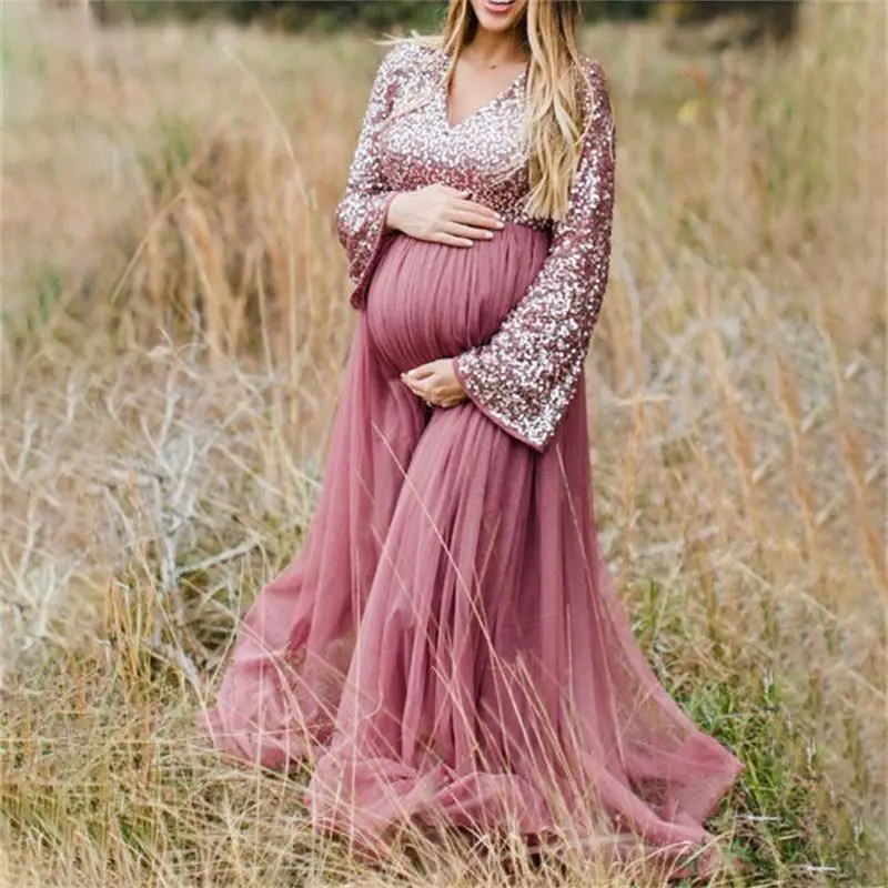 Long Sleeve Prom Dresses for Pregnant Women Sequins Top Maternity Gowns Long Sleeve Pregnancy Photoshoot Robe