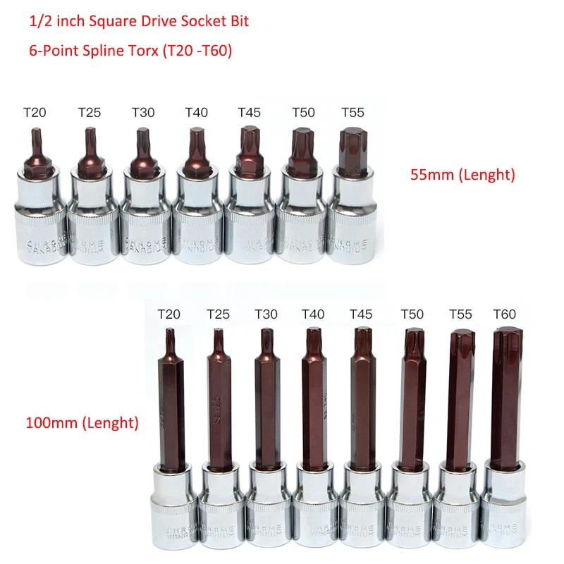 1Pcs 1/2 inch Square Drive 6-Point Spline Socket Bit T20 T25 T30 T40 T45 T50 T55 T60 Torx Screwdriver Bit Auto Repair Hand Tool