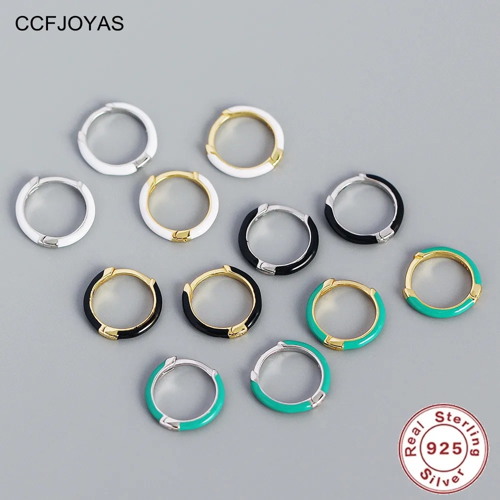 

CCFJOYAS 10mm White/Black/Green color Enamel Hoop Earrings for Women 925 Sterling Silver Minimalist Round Circle Earings Jewelry