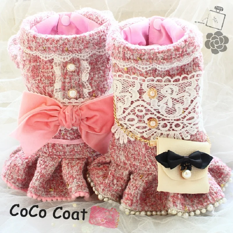 Handmade Luxury Dog Coat Pet Dress Clothes Princess Fashion Design Exquisite Pink Tweed Velvet Bow Chain Bag Party Holiday