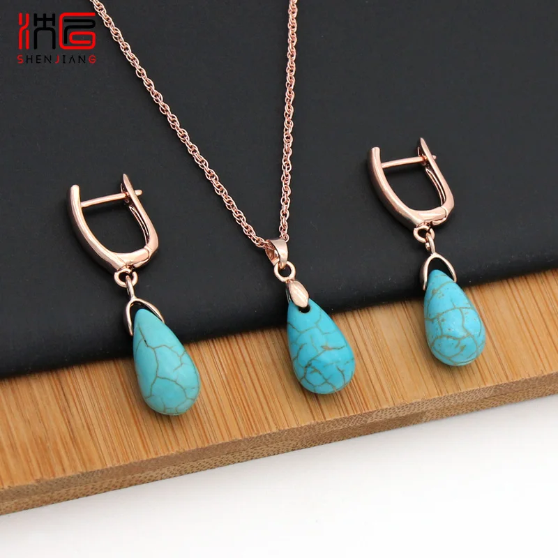 SHENJIANG New Rose Gold Color Water Drop Synthetic Turquoises Dangle Earrings Jewelry Sets For Women Wedding Fashion Necklace