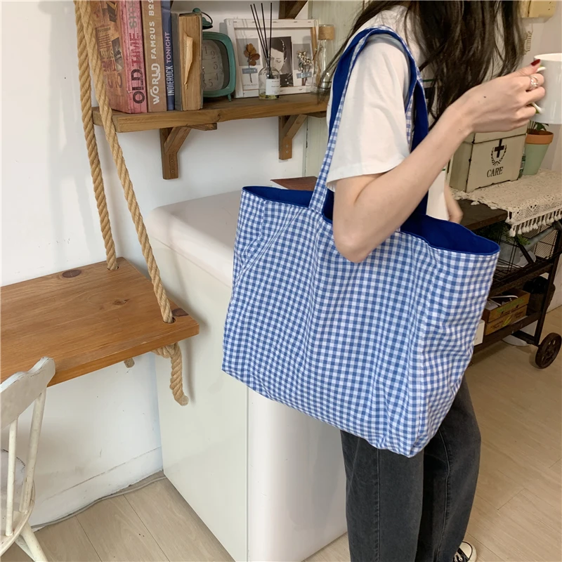 Canvas Bags for Women Shoulder Totes Bag 2023 Designer Handbags Girls Casual Solid Plaid Shopper Large Capacity Double Side Bags