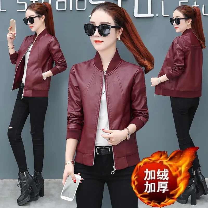 2025Spring Autumn New Slim Stand-UP Collar Baseball Uniform Plus Velvet Thick PU Outwear Female Leather Jacket Short Coat Women