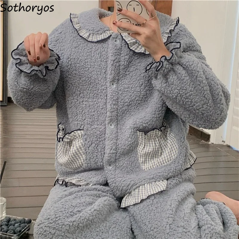 Cute Thick Winter Plus Velvet Pajama Sets Women Plaid Pockets Sweet Thermal Chic Flannel Cozy Tender Nightwear Korean Students