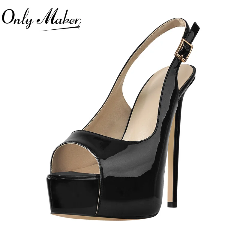 

Onlymaker Women Platform Slip-On Sandals Pointed Peep Toe Stiletto High Heels Black Patent Leather Buckle Large Size