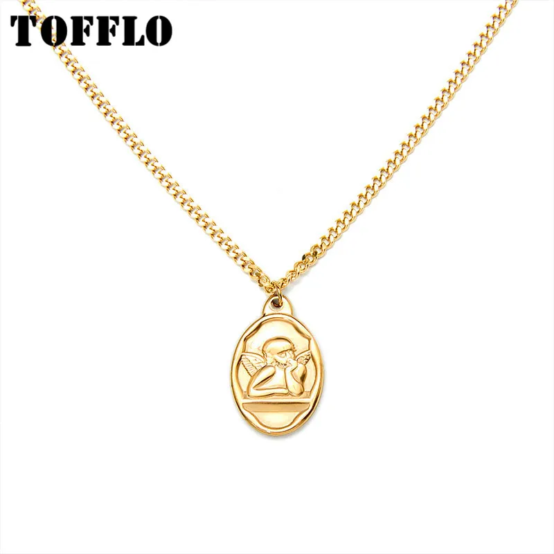 TOFFLO Stainless Steel Jewelry  Oval Angel Boy's Pendant Necklace Women's Fashion Clavicle Chain BSP440