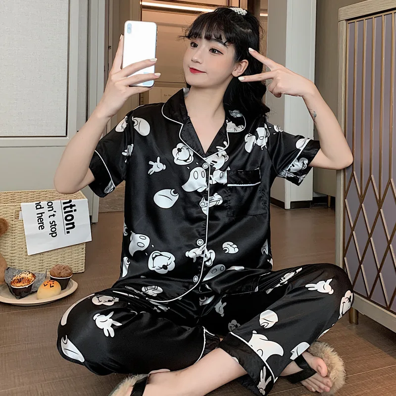 Disney Mickey and Minnie Princess print pajamas women summer short-sleeved trousers thin summer home service suit 2pcs