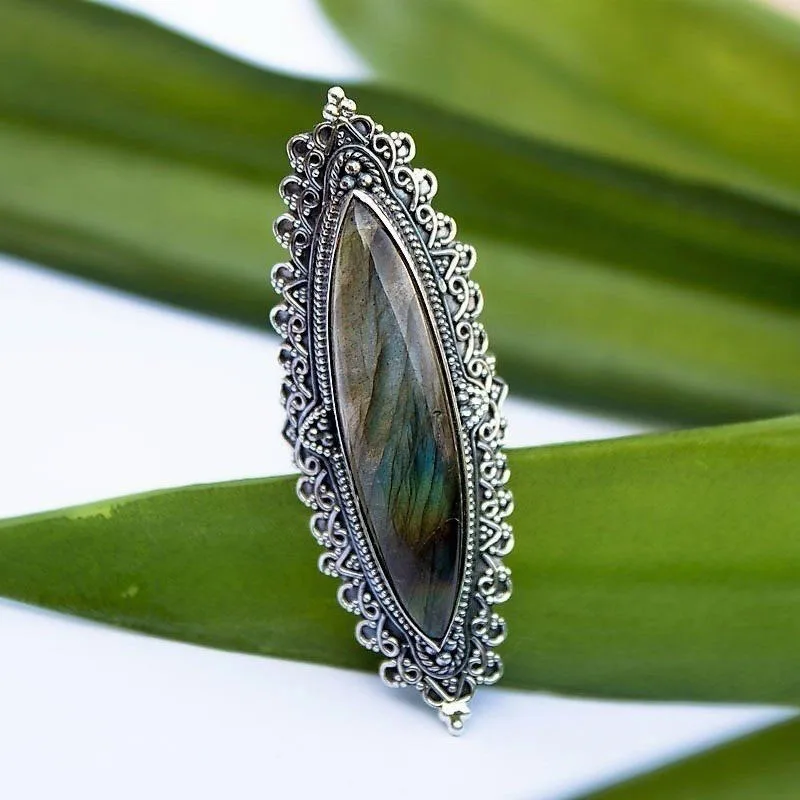 Milangirl  Antique Vintage Ring Women's Hot Sale Bohemian Luxury Inlaid Big Rainbow Stone Ring Engraving Classic Ladies Ring