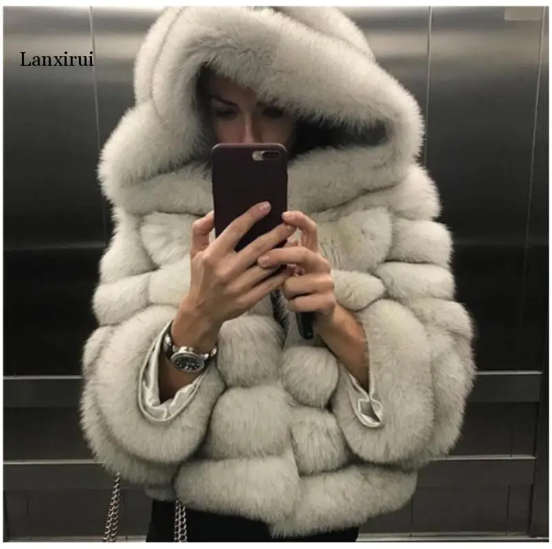 Fake Fur Coat Female Fox Fur Jacket With Hood Whole Skin Men Made Fox Fur Coat Women Winter Luxury thick Fur Coat