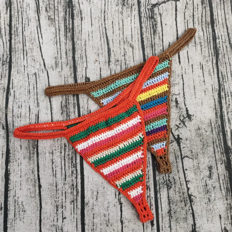 Handmade Crochet Colours Stripes Mia Bottom Sexy Bikini Thong Beach Women Swim Brief