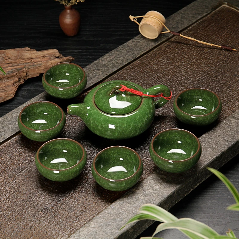 

7pcs Tea Pot and Cup Set Jade Green Teaware Ice Crack Novelty Bone China Teacup Home Decoration Drinking Chinese Tea Set